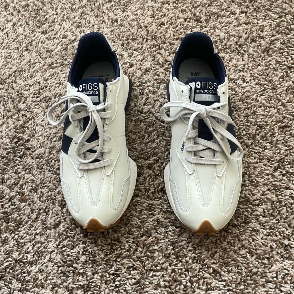 Figs New Balance Cream and Navy Sneakers